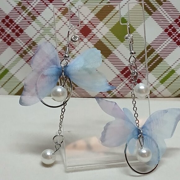 NWOT Fashion Jewelry Silver Tone Faux Pearl Dangle Blue Butterfly Earrings #18 - Picture 7 of 10